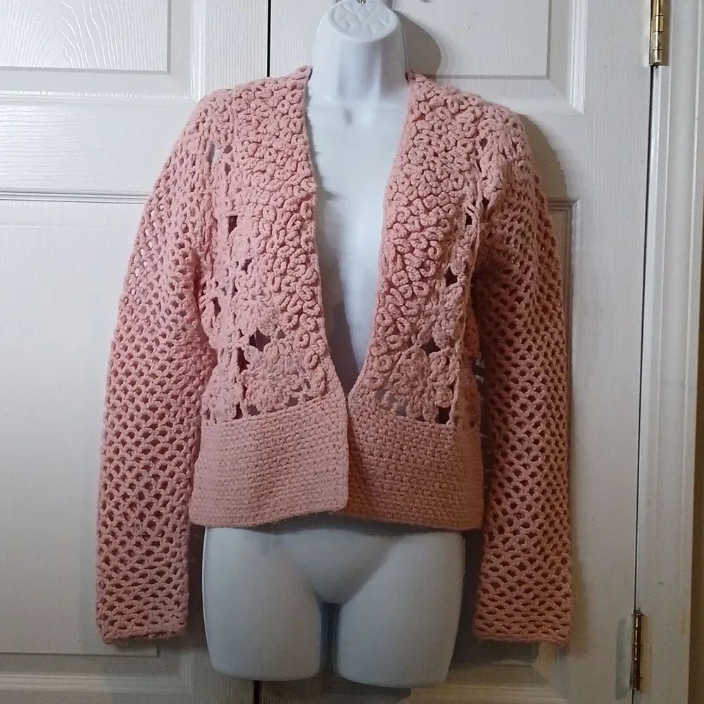 Nine & Co by Nine west wool blend crochet cardigan sweater Sz L Dusty Pink EUC